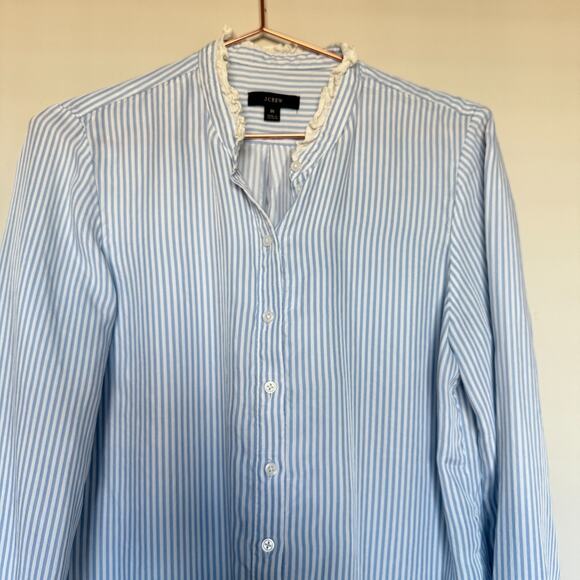 J.Crew Womens Top Medium Blue Stripes Drapey Cupro Blend Ruffle Trim Office Prep - Picture 4 of 9